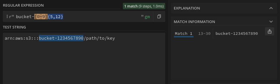 A screenshot of regex101 showing the pattern used to match the numeric bucket ID in a test string.